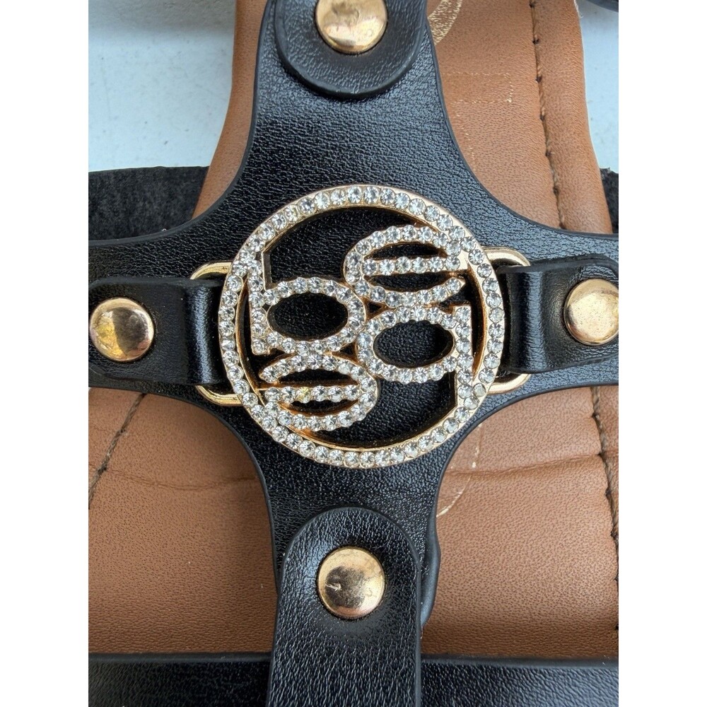 bebe Girls Size 2 Black Gladiator Sandals Rhinestone Logo Ankle Strap Gold Studs - Picture 2 of 4